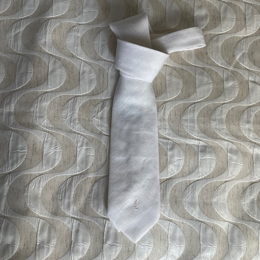 Yves Saint Laurent Mens Off White Woven Textured YSL Logo Necktie  Tie Vintage
